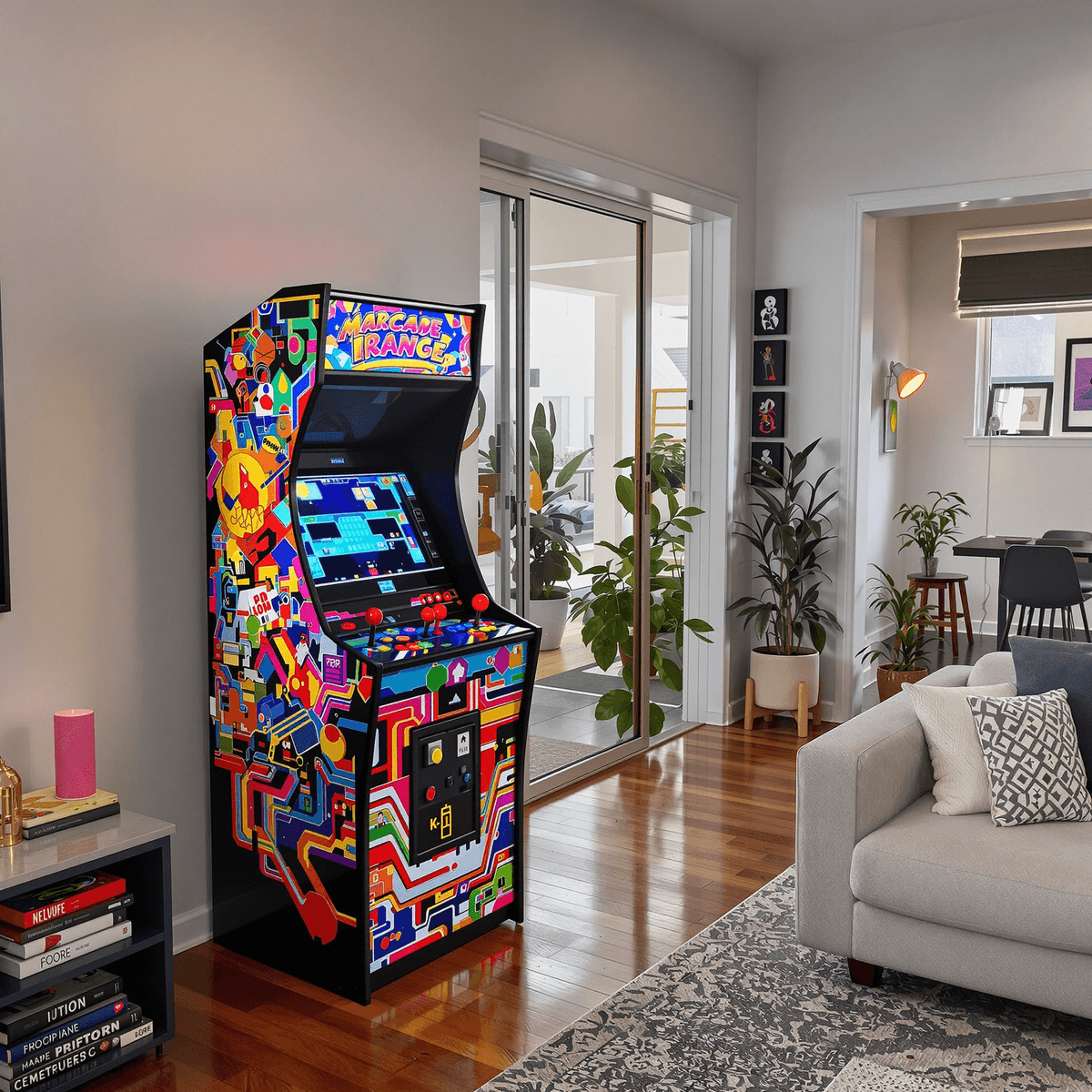 Cozy home arcade room with a classic upright arcade machine displaying colorful retro game graphics in a modern, naturally lit living space.