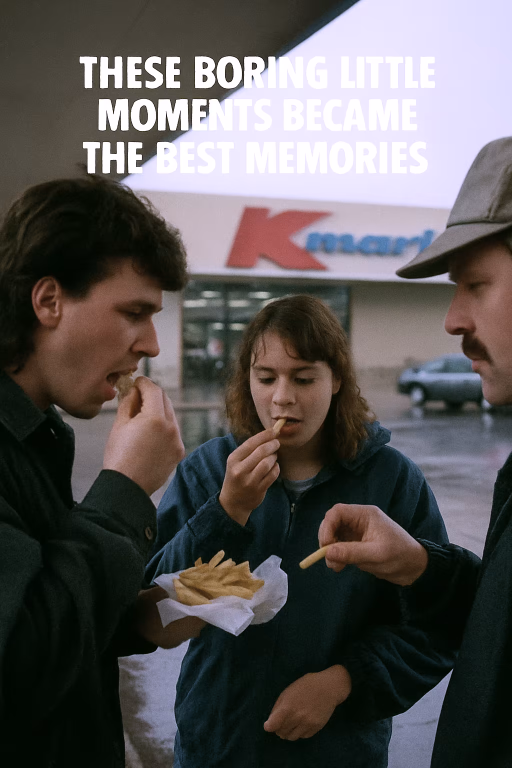 eating hot chips outside Kmart during rain second image