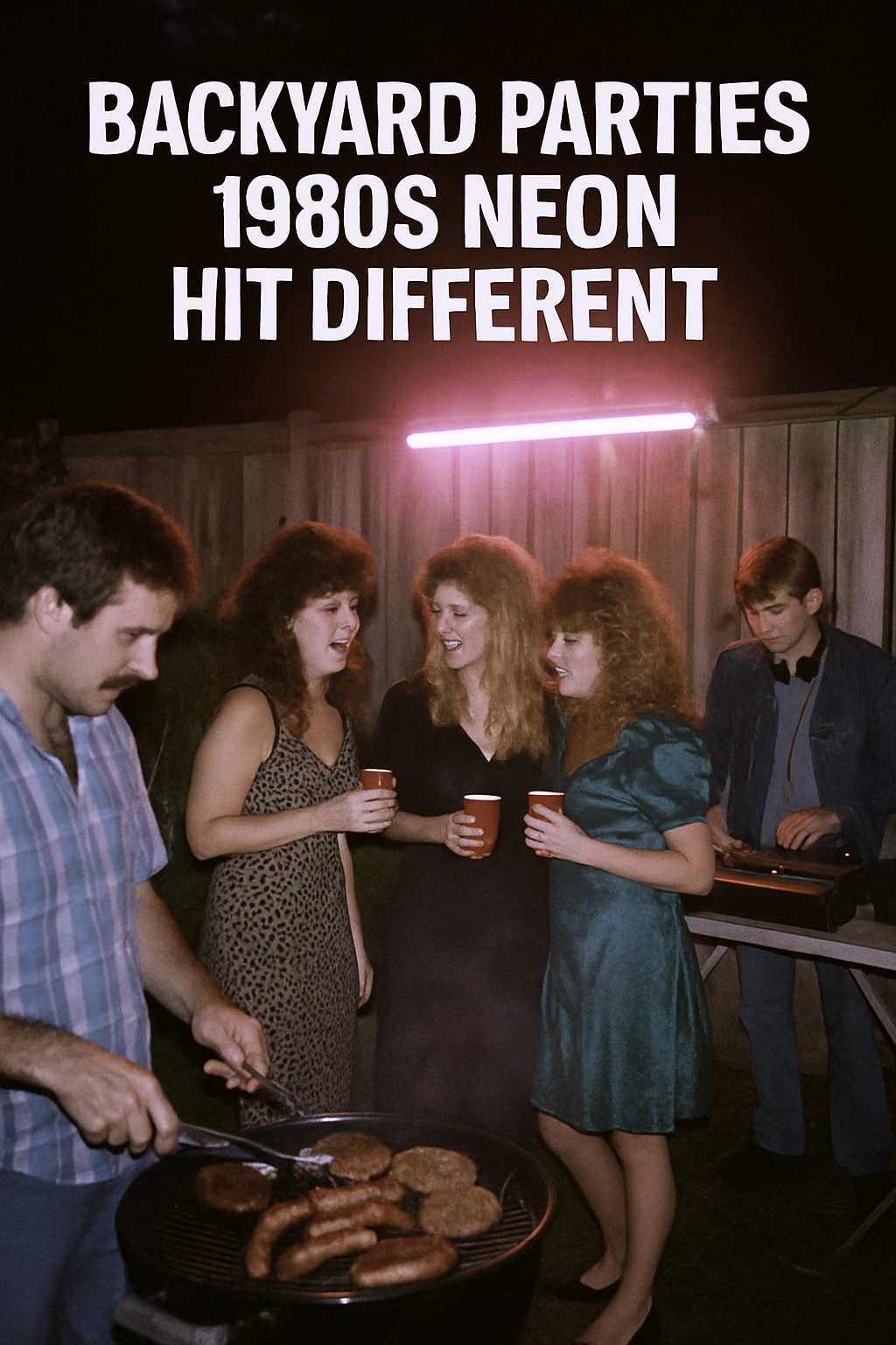 Backyard Parties 1980s neon lights bbq grill food your friend dj and all the girls dressed up with big hair and every loving life no phones no social media just life second image