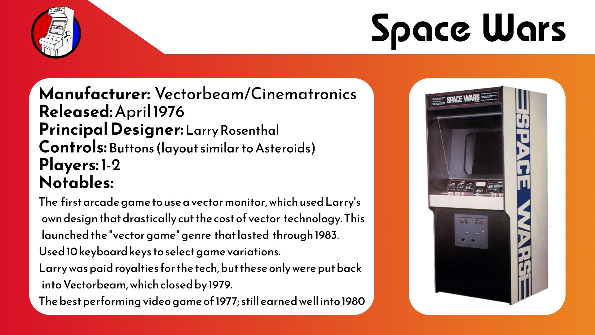 Space Wars by Vectorbeam, Arcade Hall of Fame