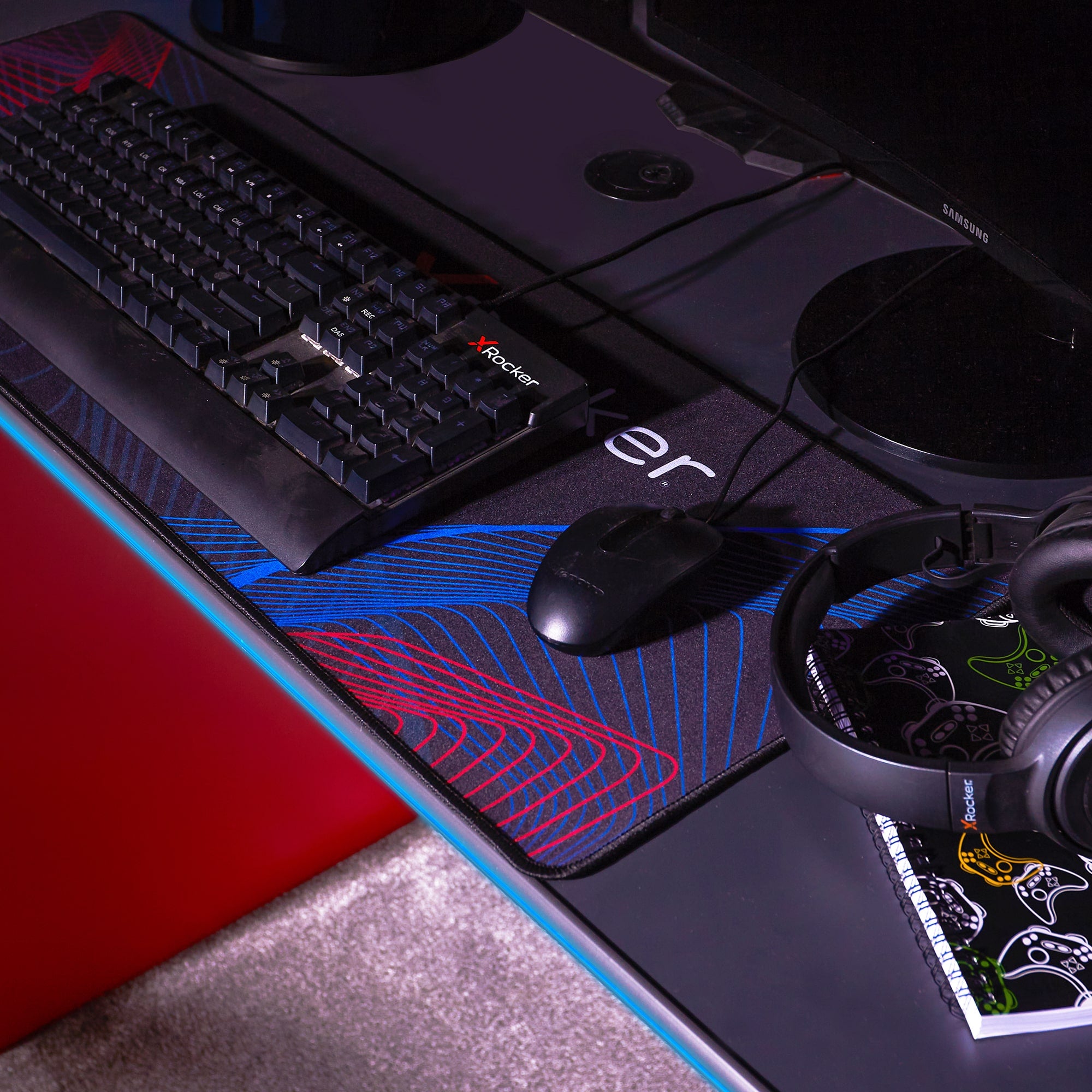 X Rocker Carbon-Tek Desk with Neo Fibre LED Lighting and Wireless Charging - Black