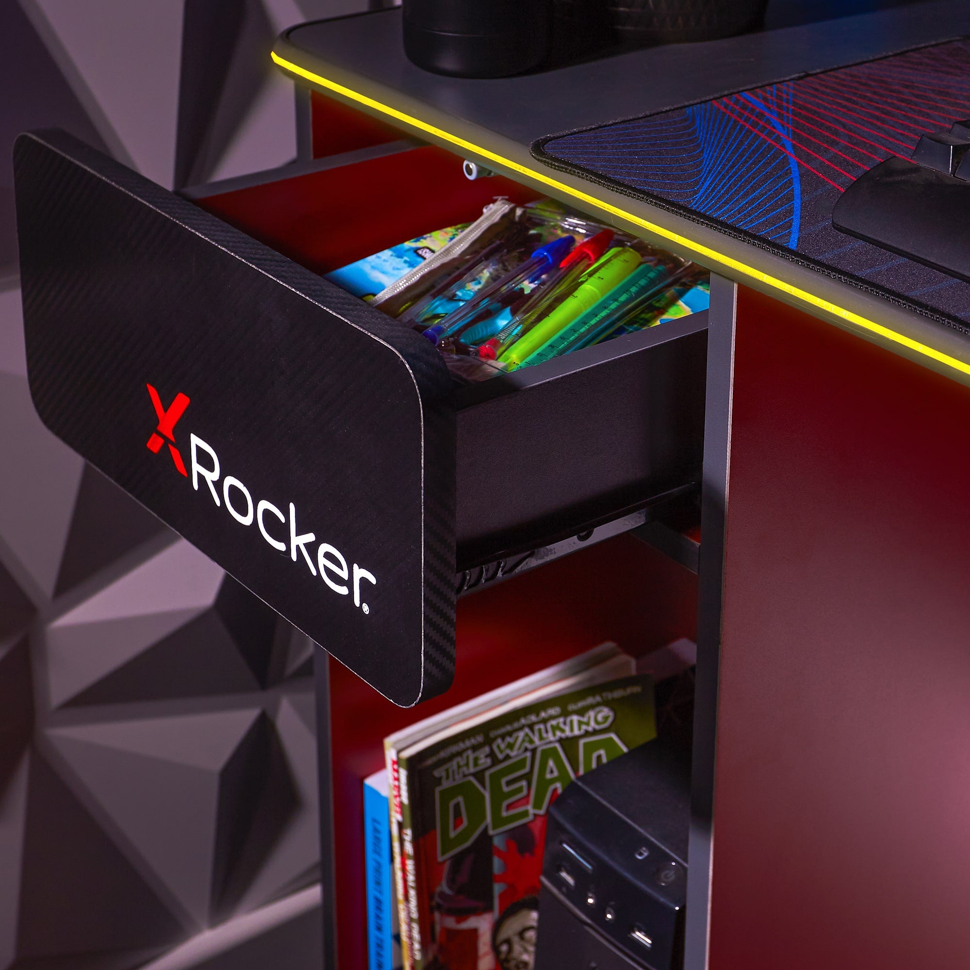 X Rocker Carbon-Tek Desk with Neo Fibre LED Lighting and Wireless Charging - Black