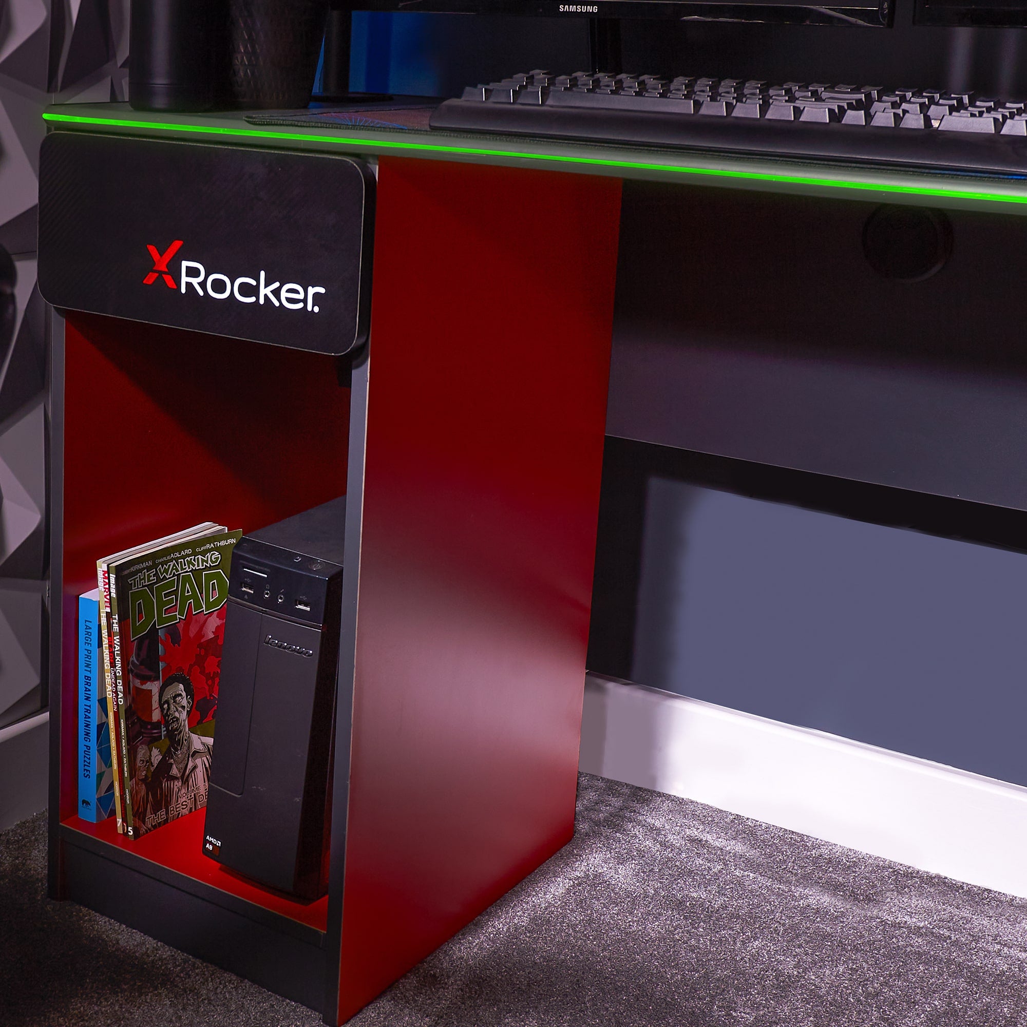 X Rocker Carbon-Tek Desk with Neo Fibre LED Lighting and Wireless Charging - Black