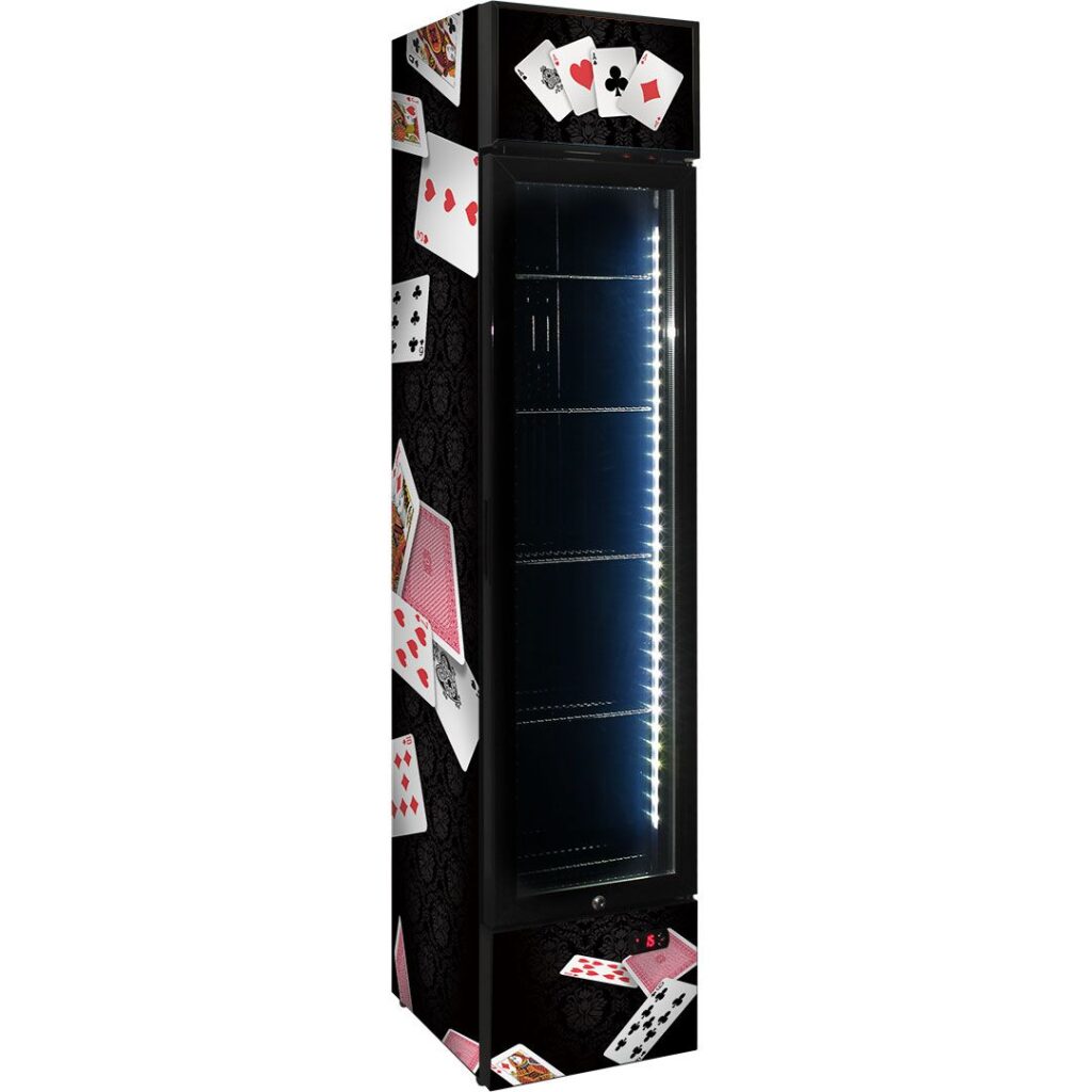 Branded Skinny Upright Bar Fridge With Playing Card Design