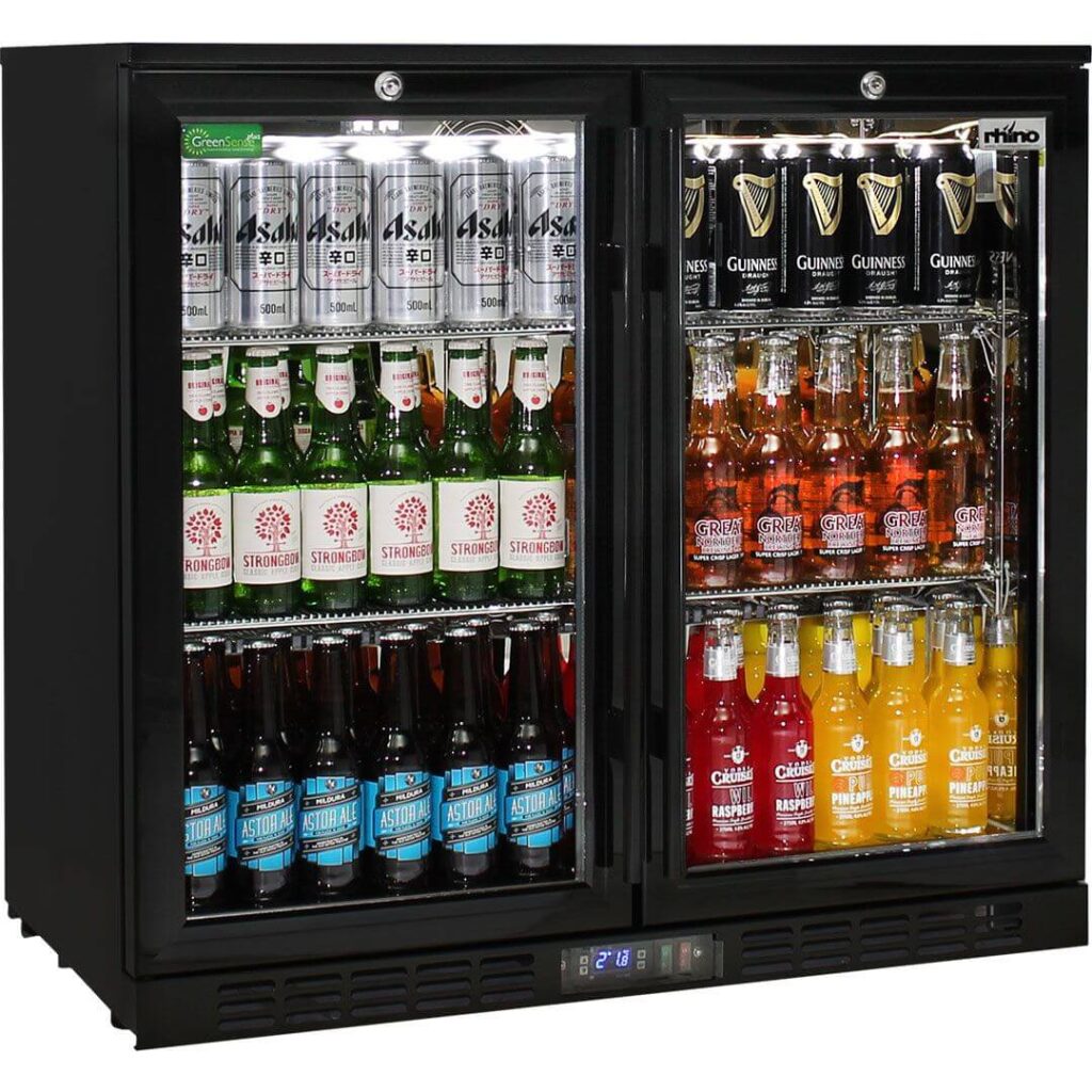 Commercial Under Bench Black Glass Double Door Bar Fridge