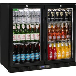 Commercial Under Bench Black Glass Double Door Bar Fridge