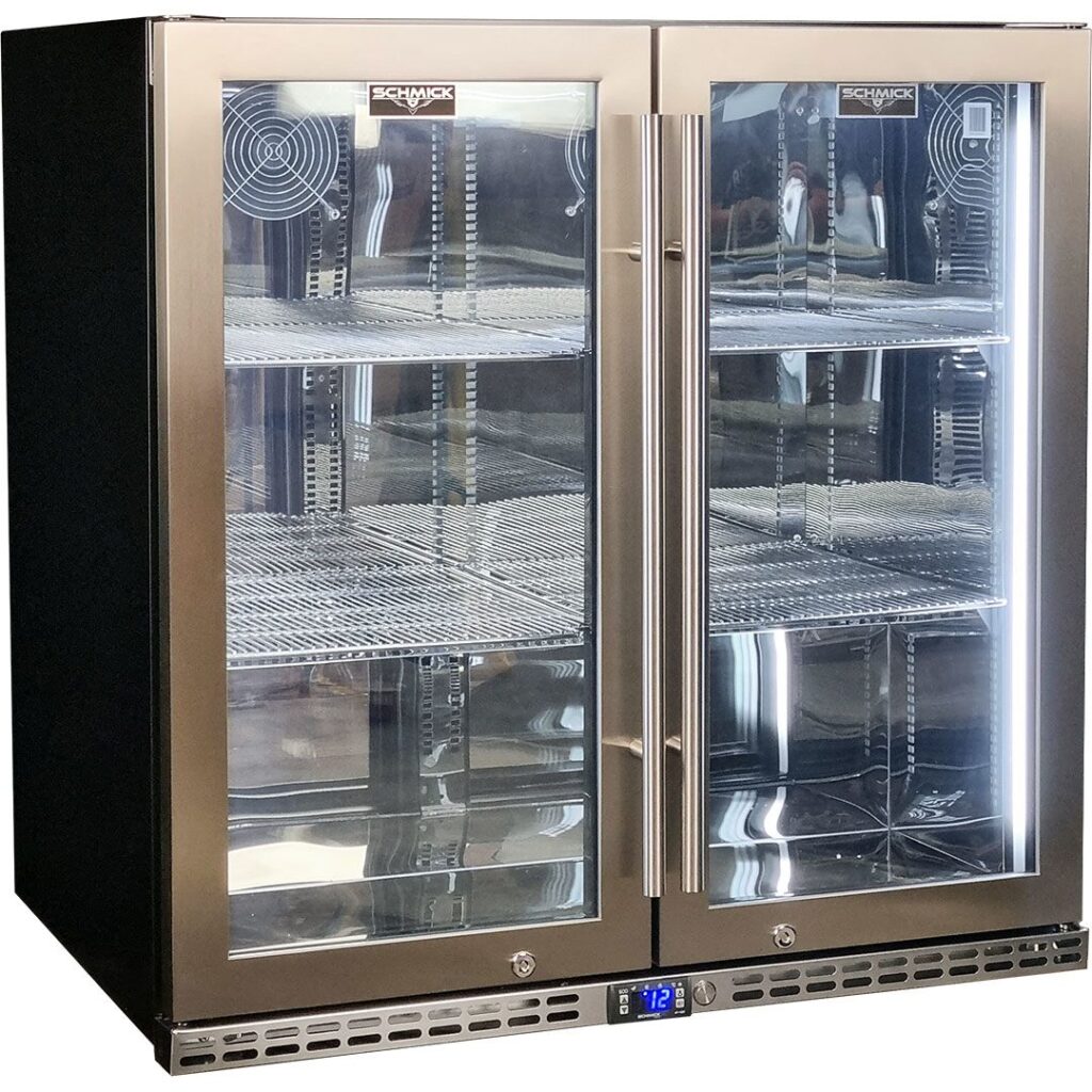 Schmick Quiet Running Under Bench Heated Glass 2 Door Bar Fridge
