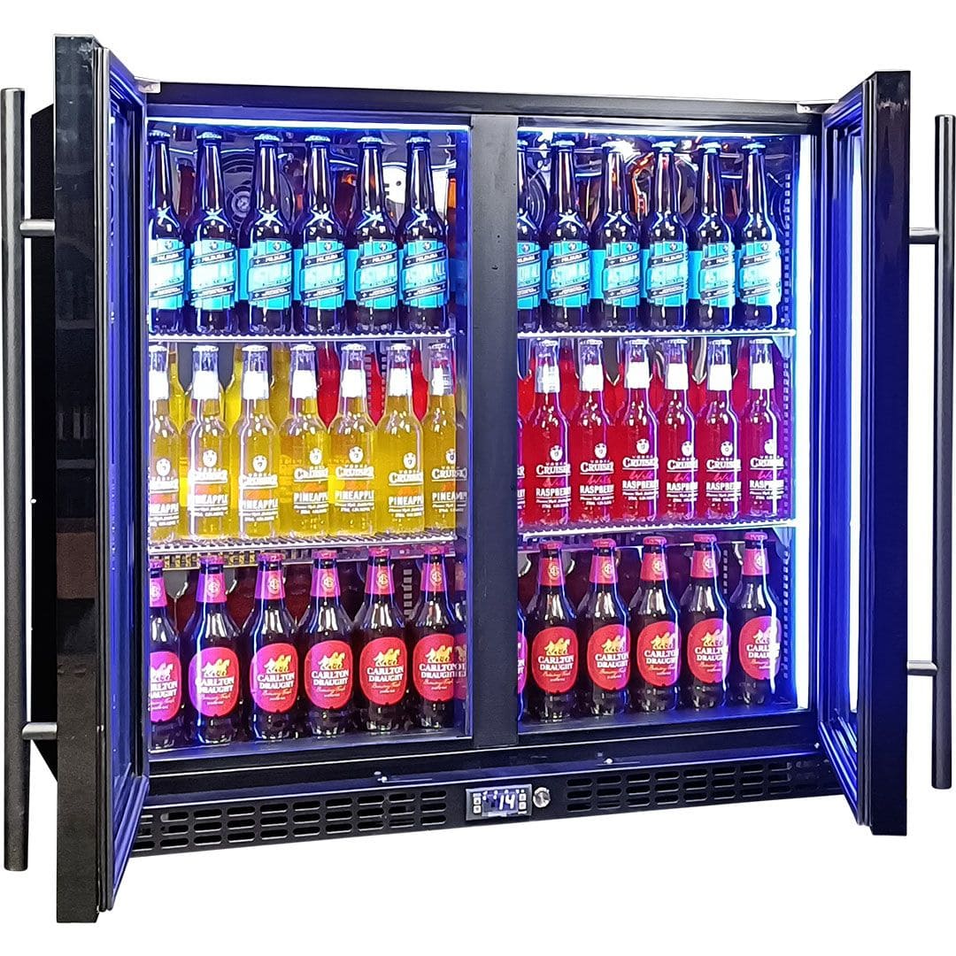 Schmick Twin Door Quiet Running Black Heated Glass Door Bar Fridge