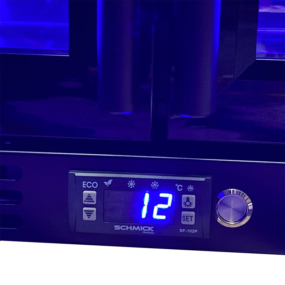 Schmick Twin Door Quiet Running Black Heated Glass Door Bar Fridge