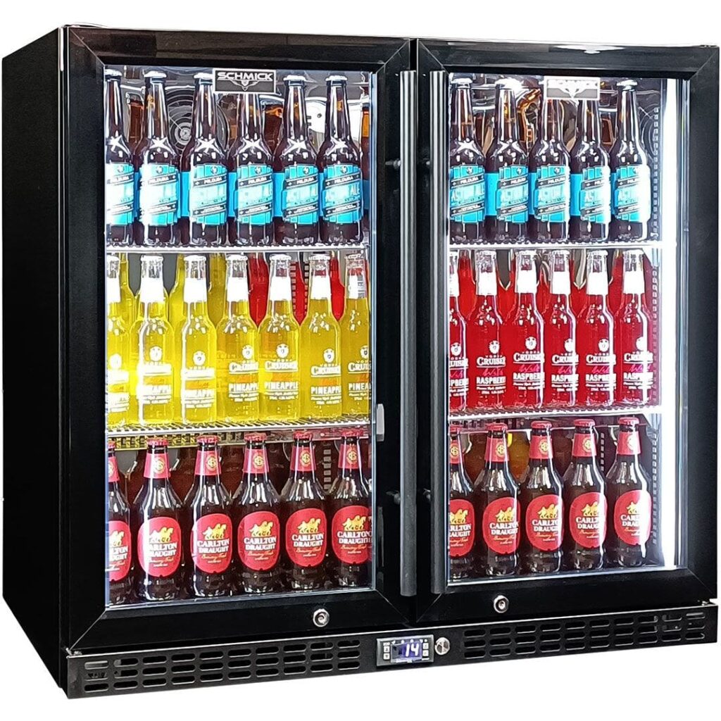 Schmick Twin Door Quiet Running Black Heated Glass Door Bar Fridge