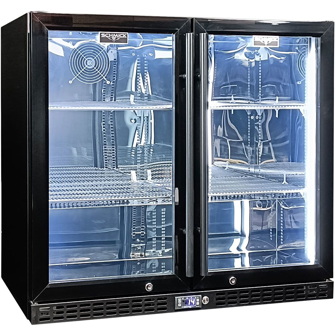Schmick Twin Door Quiet Running Black Heated Glass Door Bar Fridge