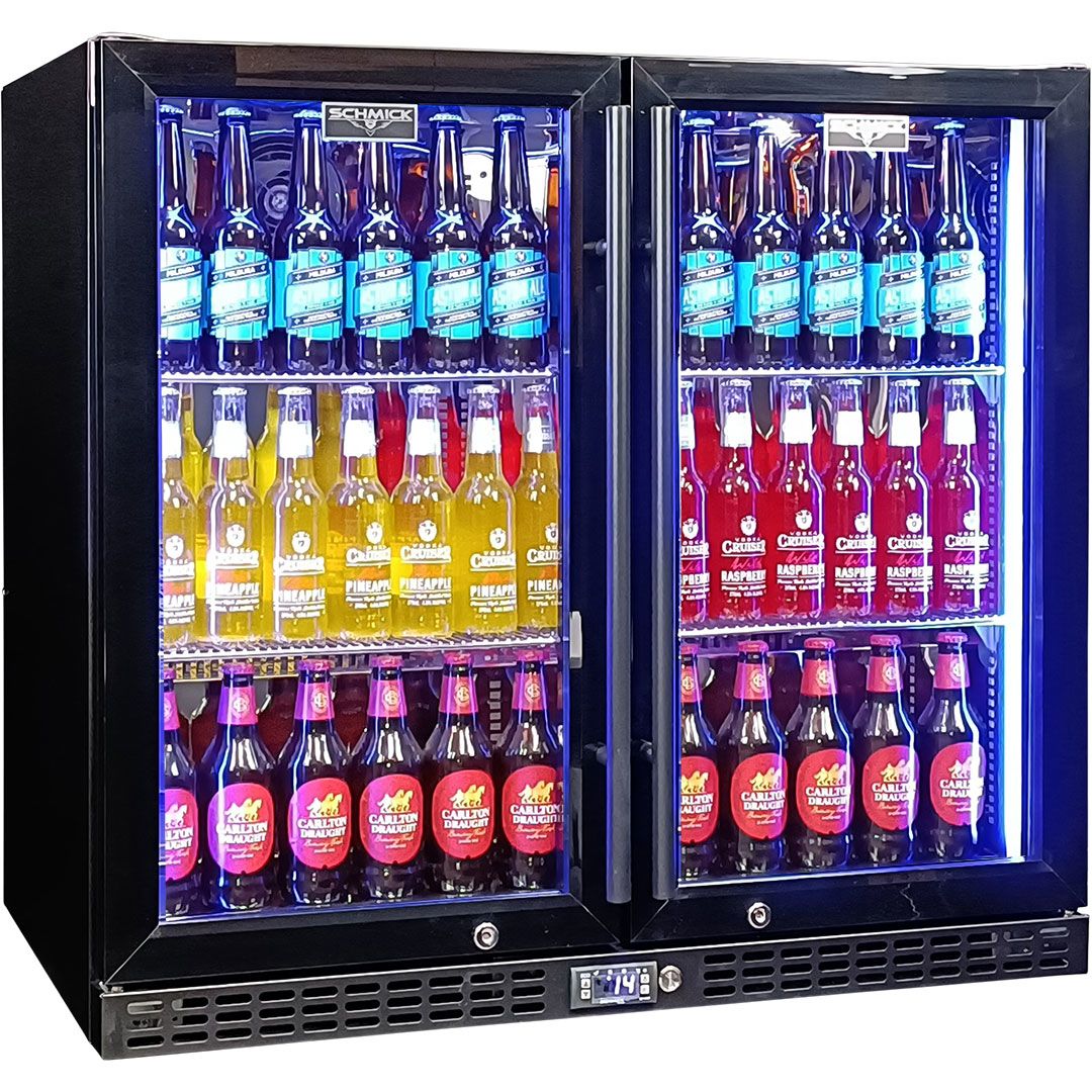 Schmick Twin Door Quiet Running Black Heated Glass Door Bar Fridge