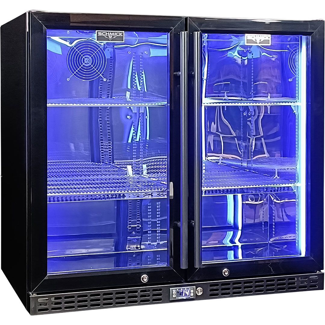 Schmick Twin Door Quiet Running Black Heated Glass Door Bar Fridge