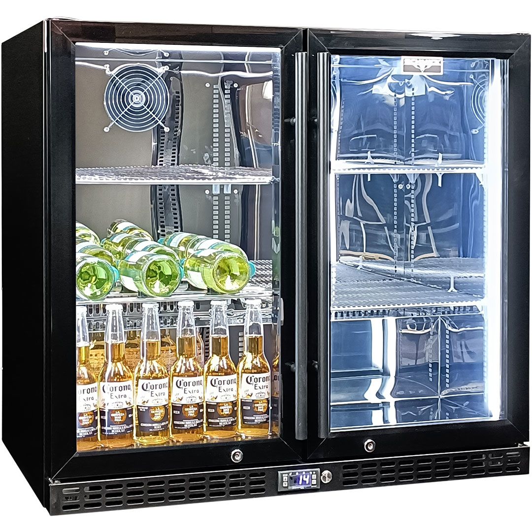 Schmick Twin Door Quiet Running Black Heated Glass Door Bar Fridge