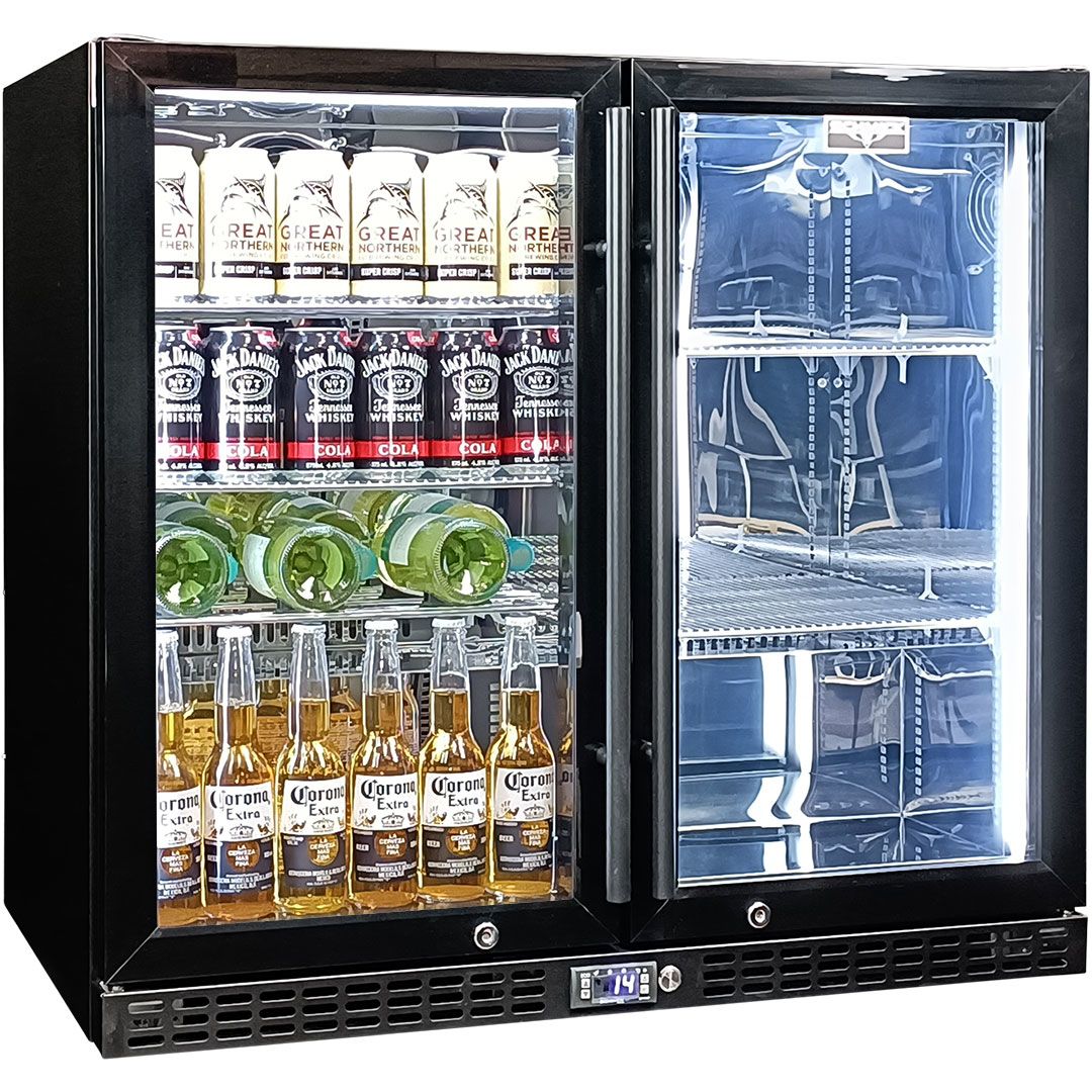 Schmick Twin Door Quiet Running Black Heated Glass Door Bar Fridge