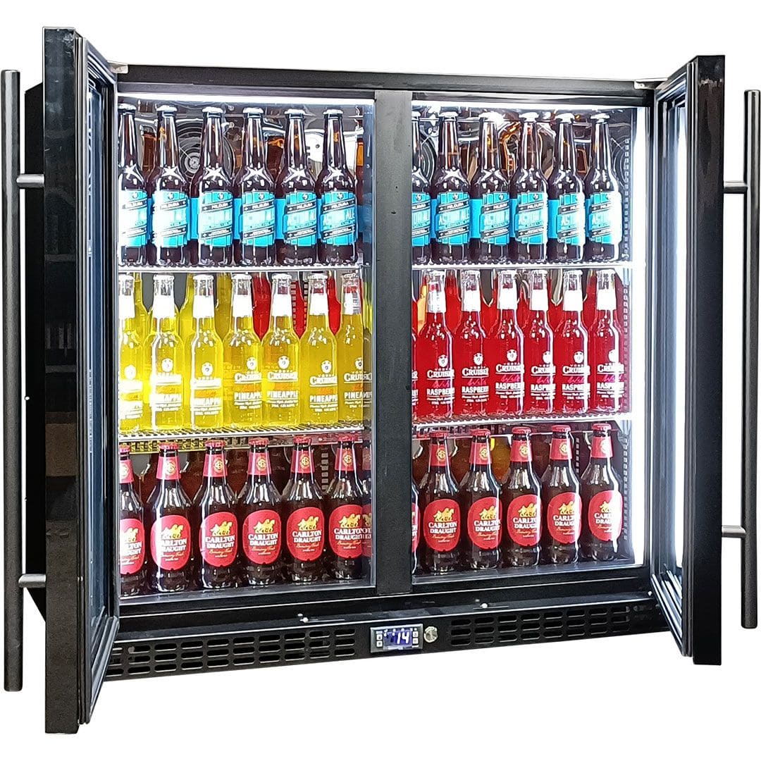 Schmick Twin Door Quiet Running Black Heated Glass Door Bar Fridge