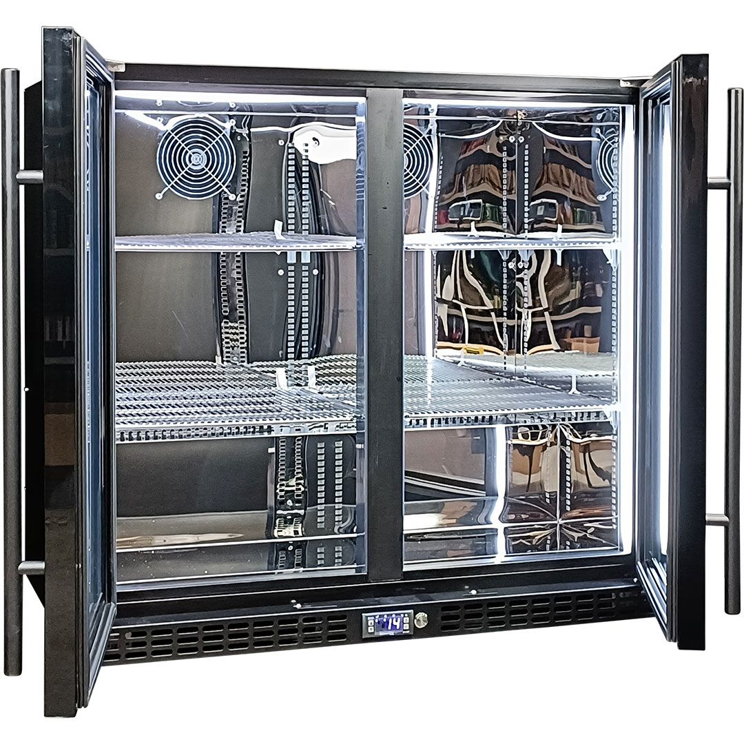 Schmick Twin Door Quiet Running Black Heated Glass Door Bar Fridge