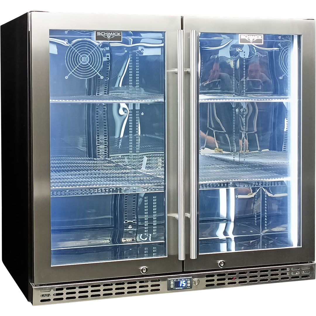 Schmick Twin Door Quiet Running Stainless Triple Glazed Glass Door Bar Fridge