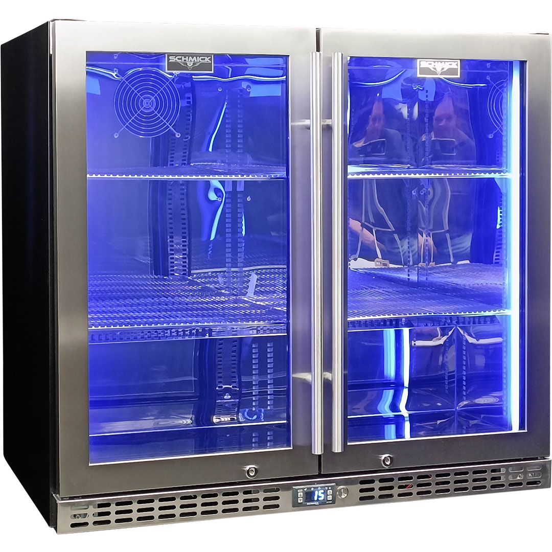 Schmick Twin Door Quiet Running Stainless Triple Glazed Glass Door Bar Fridge