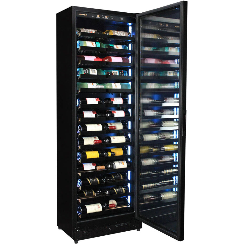 Upright Slim Depth Quiet Running Glass Front Wine Fridge With LED