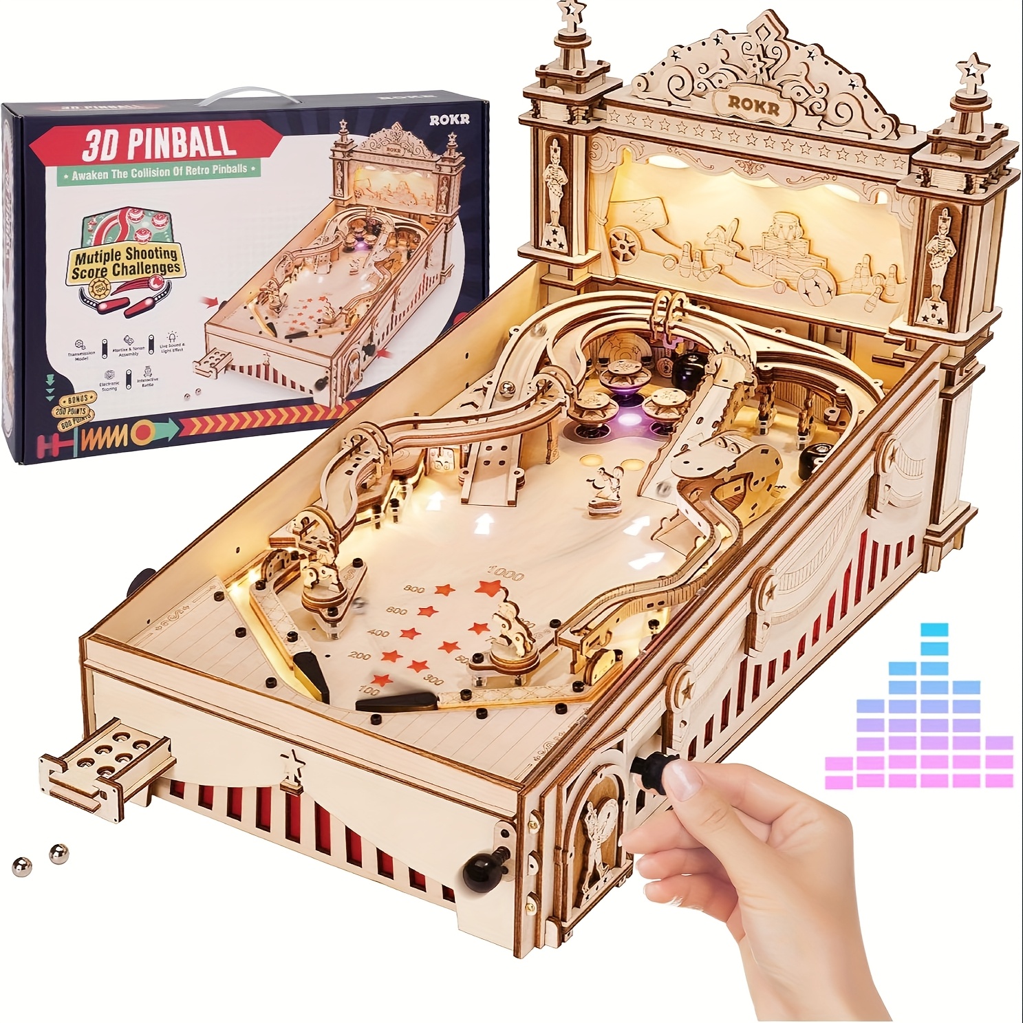ROBOTIME 3D Wooden DIY Pinball Machine Puzzle - Image 5