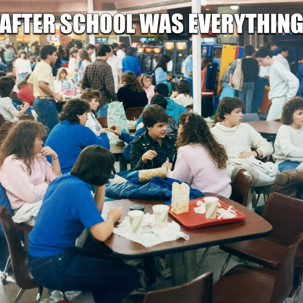 busy food court after school in arcade 1980 second image