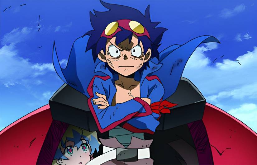 A child wearing a disheveled costume looks determined as his teammate peeks at him in Gurren Lagann