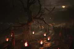 A witch-like character stands before a poorly lit tree while a group amasses ominously in the background in a 1666 Amsterdam steam screenshot
