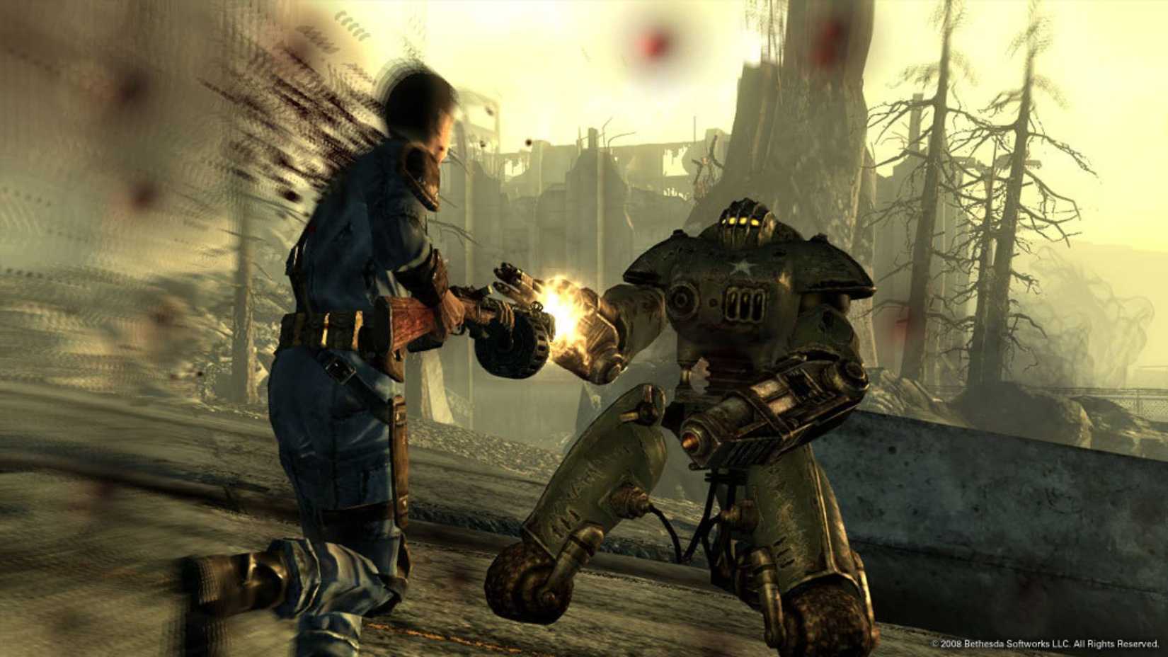The player fighting a robot in Fallout 3.