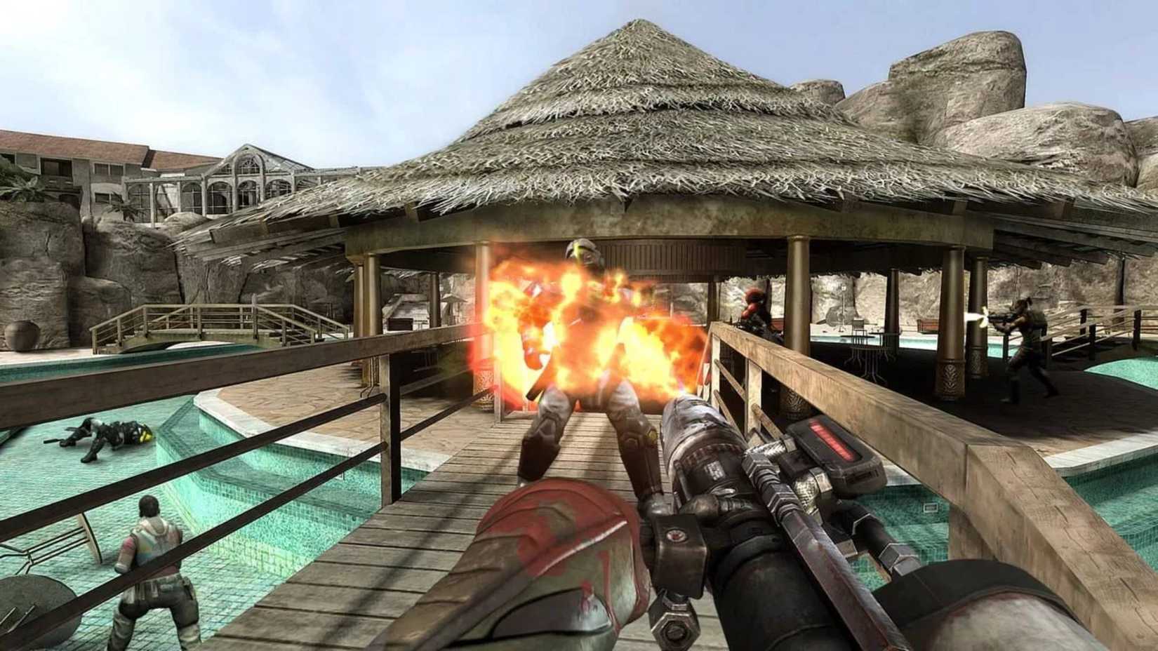 The player using a flamethrower in Haze.