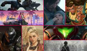 A collage of various video game screenshots and artwork, including images from Death Stranding 2, Doom: The Dark Ages, Metroid Prime 4: Beyond, Monster Hunter Wilds, Marvel 1943: Rise of Hydra, 2XKO, Grand Theft Auto 6, and Dynasty Warriors: Origins