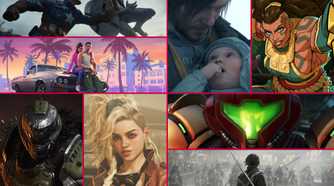 A collage of various video game screenshots and artwork, including images from Death Stranding 2, Doom: The Dark Ages, Metroid Prime 4: Beyond, Monster Hunter Wilds, Marvel 1943: Rise of Hydra, 2XKO, Grand Theft Auto 6, and Dynasty Warriors: Origins