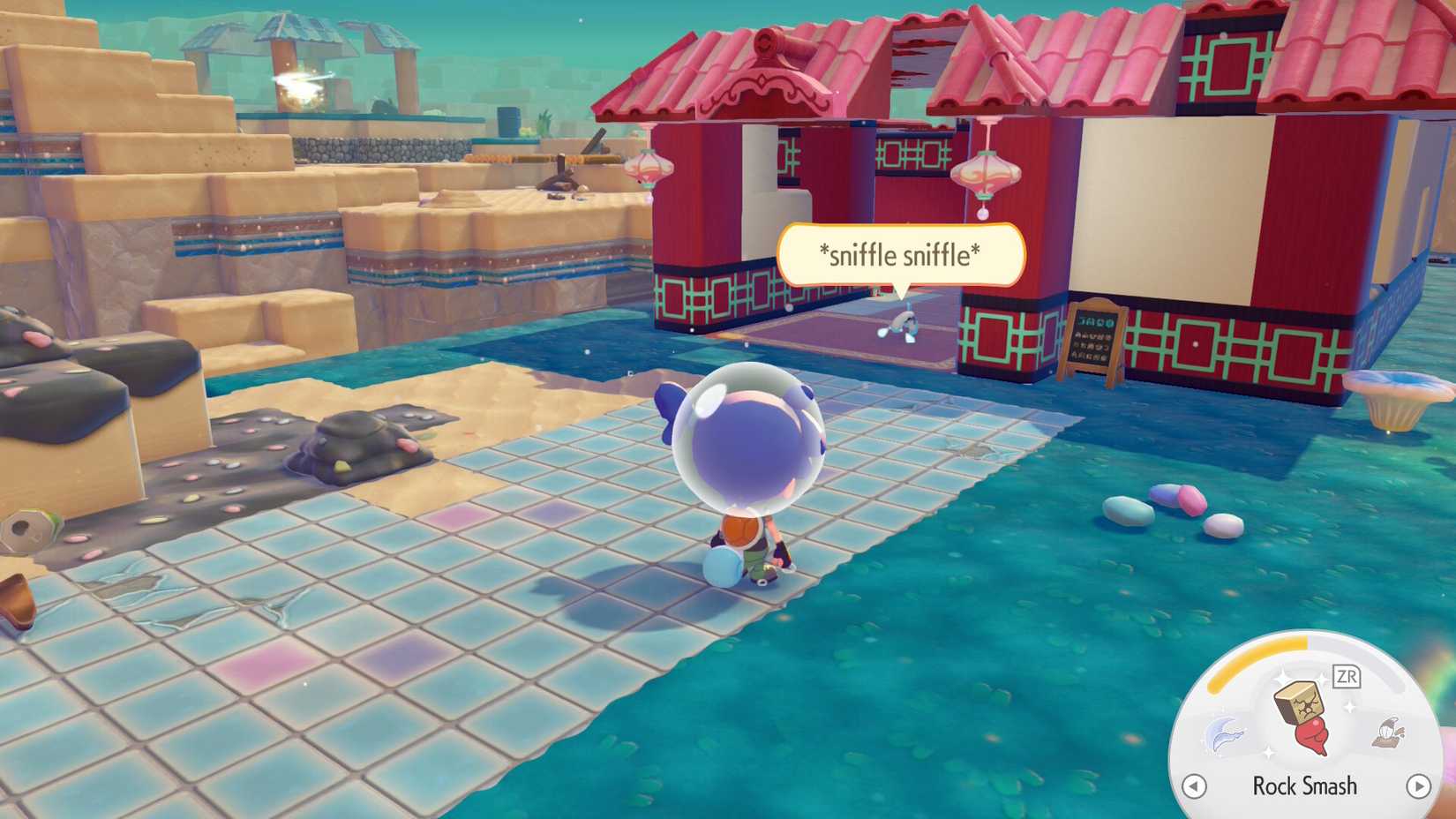 A Ditto approaches a crying Barboach in Pokopia