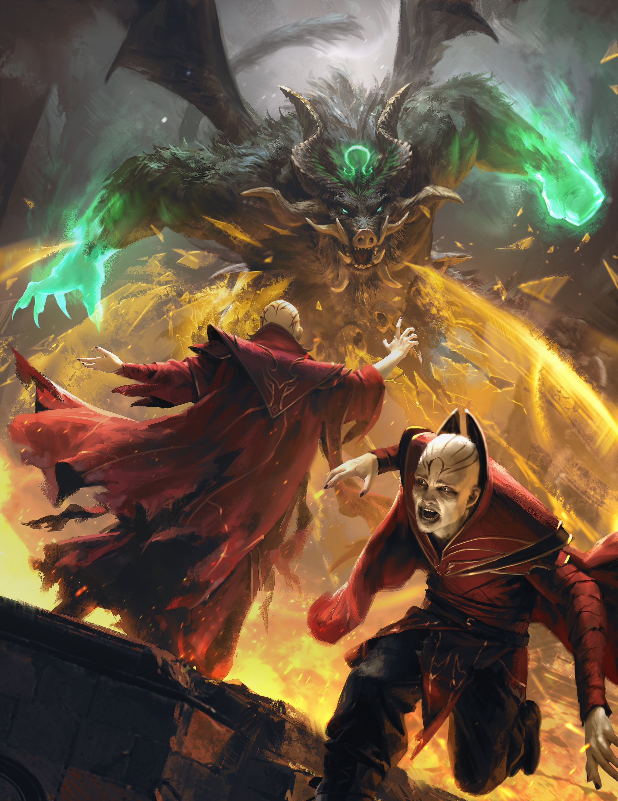 The cover of the Arcana Unleashed: Deadfall D&D book, with Red Wizards fleeing from a Nalfeshnee demon
