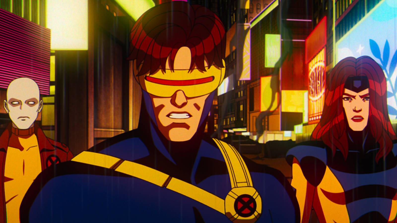 Cyclops looks at the camera in a badass way, flanked by Jean Grey and Morph, in X-Men ’97.