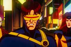 Cyclops looks at the camera in a badass way, flanked by Jean Grey and Morph, in X-Men ’97.