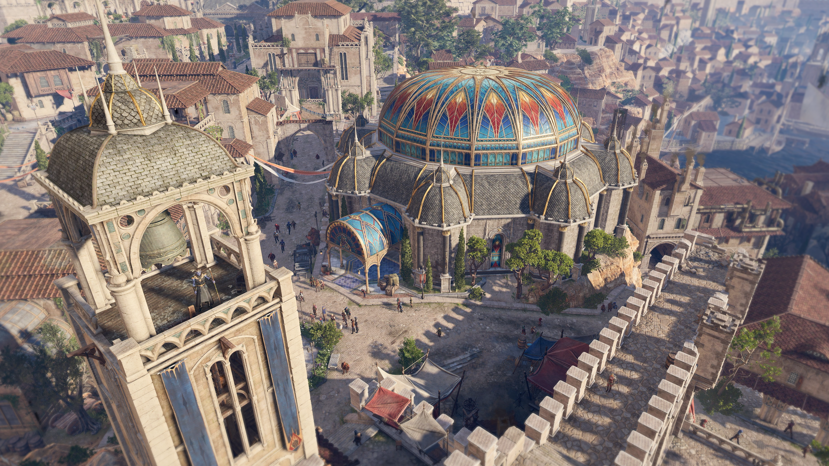 Image of a major city in Baldur’s Gate 3. A large domed building sits in the middle of the town which has a Florence Italy influence.