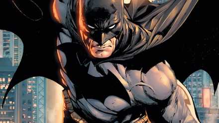 Batman flying through the sky in the night in Gotham.