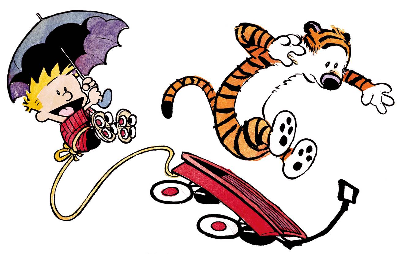 calvin holds an umbrella as hobbes flies through the air and a red wagon keeps hurtling forward