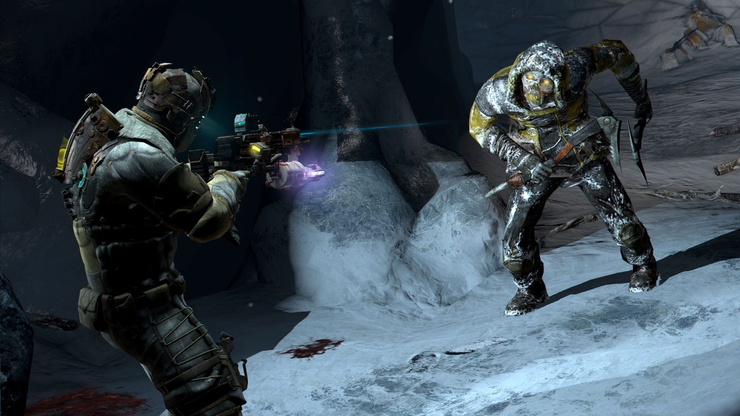 The Dead Space 3 protagonist takes aim at an armed opponent near some boulders and a tree.