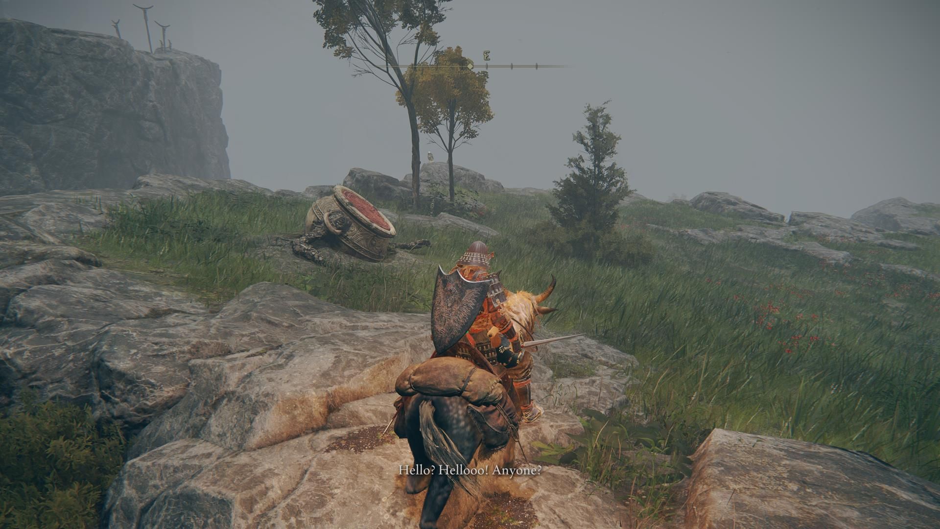 Elden Ring player riding Torrent and meeting Iron Fist Alexander who is stuck in the ground.