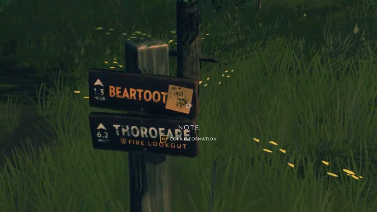 A sticky note on a sign in Firewatch. The note says 1964