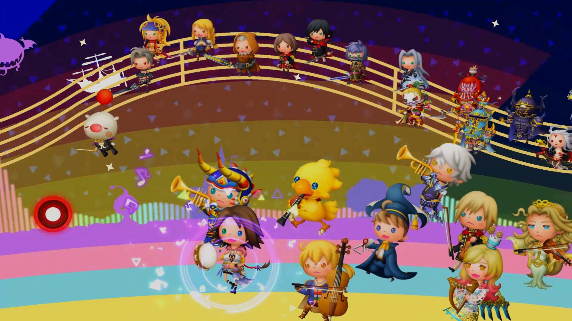 The Warrior of Light in Theatrhythm Final Bar Line toots a trumpet as he leads many other Final Fantasy protagonists