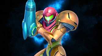 Artwork of Samus Aran from Super Smash Bros. Ultimate in front of the Metroid “S” symbol from the original Metroid Prime 4 reveal trailer