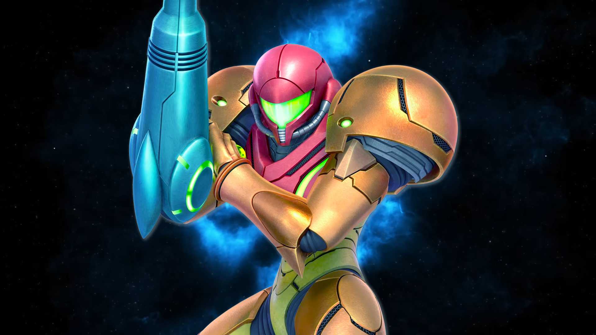 Artwork of Samus Aran from Super Smash Bros. Ultimate in front of the Metroid “S” symbol from the original Metroid Prime 4 reveal trailer