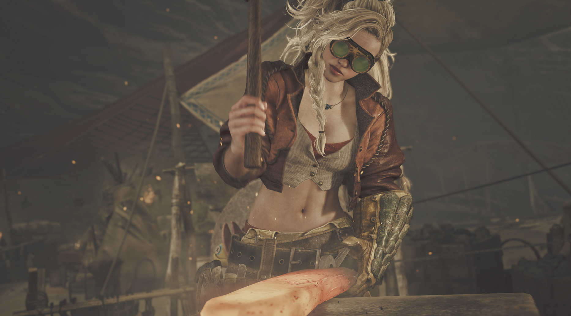 An image of the smithy in Monster Hunter Wilds hammering a weapon.