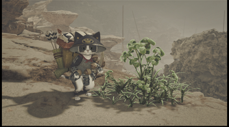 An image of a black and white Palico in Monster Hunter Wilds standing next to an herb.
