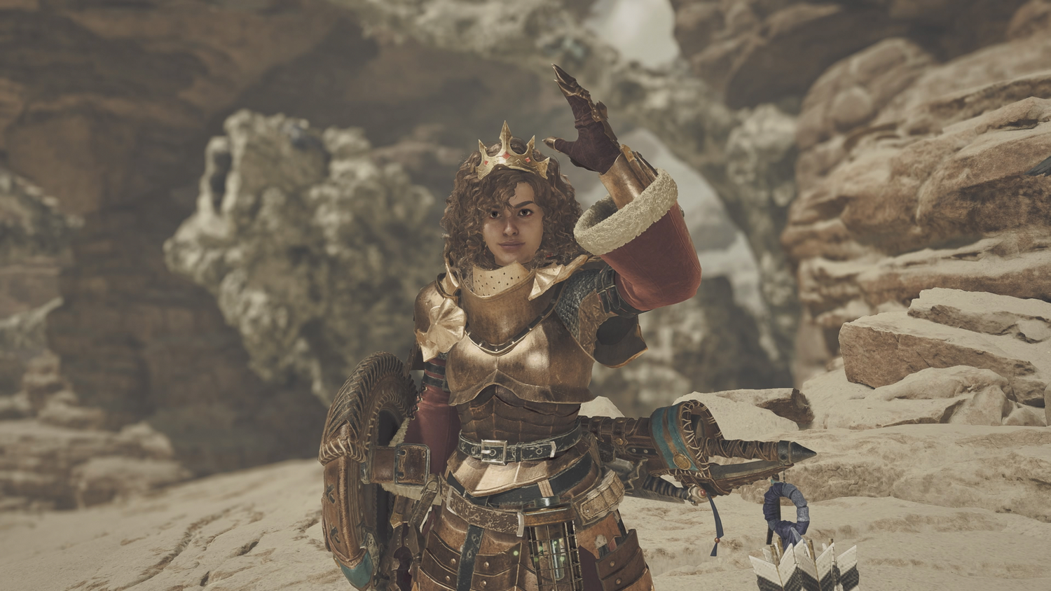 An image of a character in Monster Hunter World. She is holding up her hand and nodding.