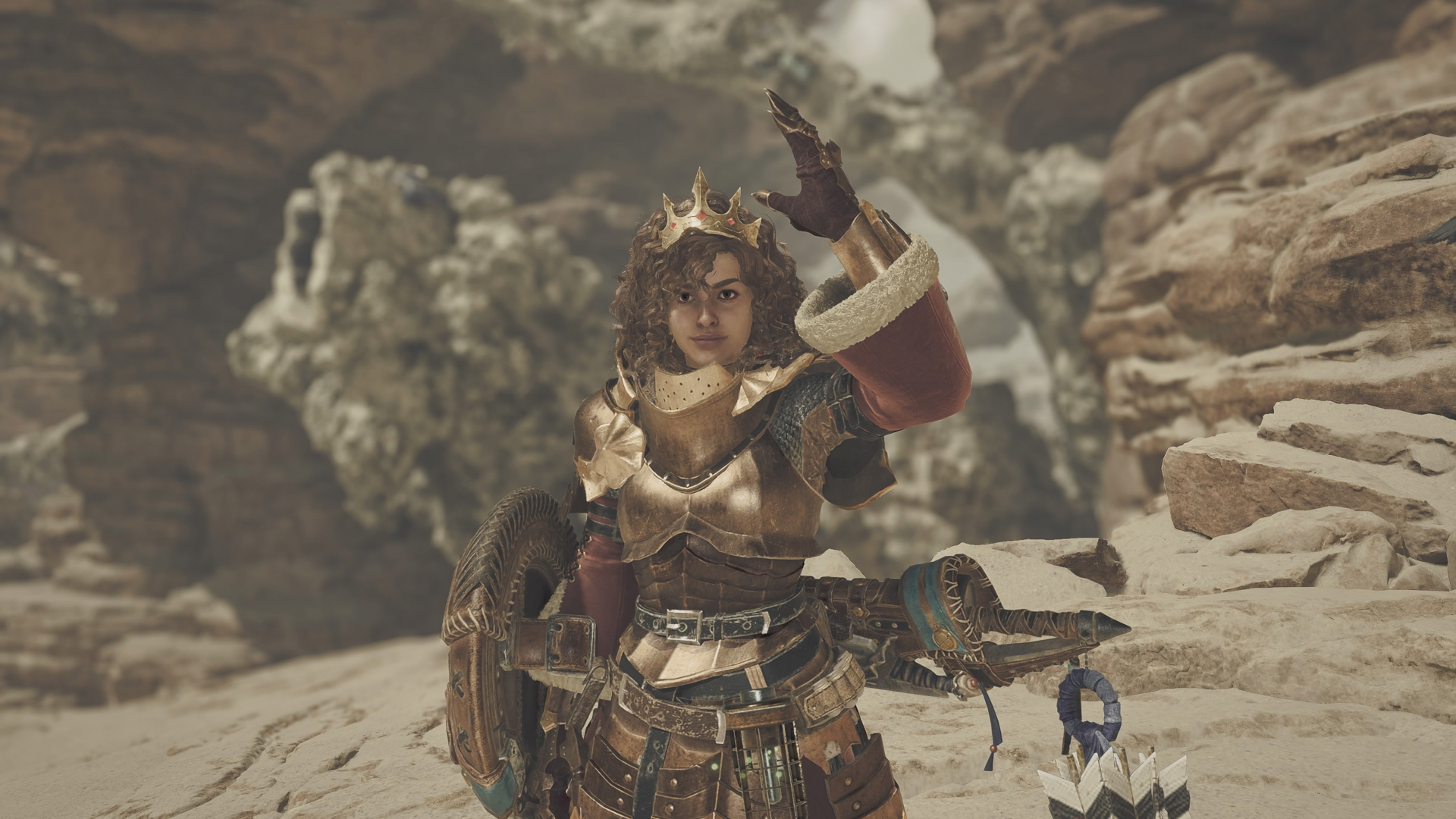 An image of a character in Monster Hunter World. She is holding up her hand and nodding.