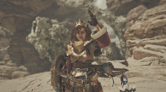 An image of a character in Monster Hunter World. She is holding up her hand and nodding.